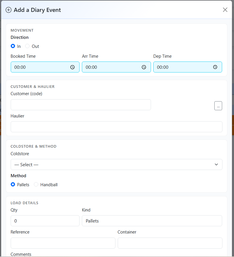 Add Diary Event form