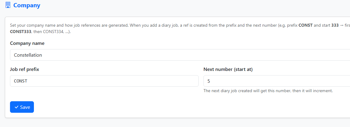 Company — company name, Job ref prefix, Next number (start at)