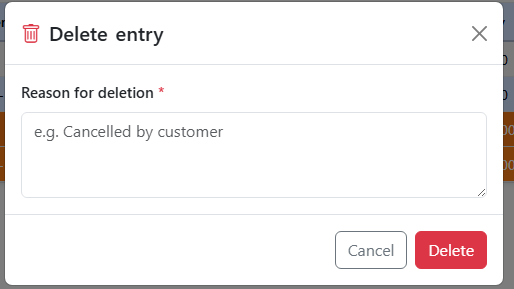 Delete entry — reason for deletion dialog