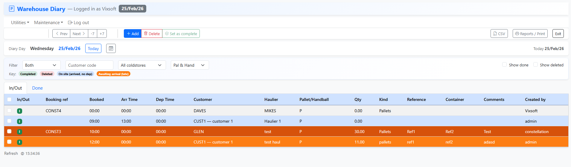 Main diary screen with header, toolbar, filters, and grid