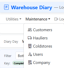 Maintenance menu — Customers, Hauliers, Coldstores, Users, Company